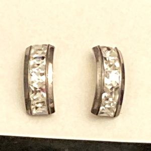 Silvertone plus RHINESTONE Quarter-Hoop pierced post EARRINGS; EUC
